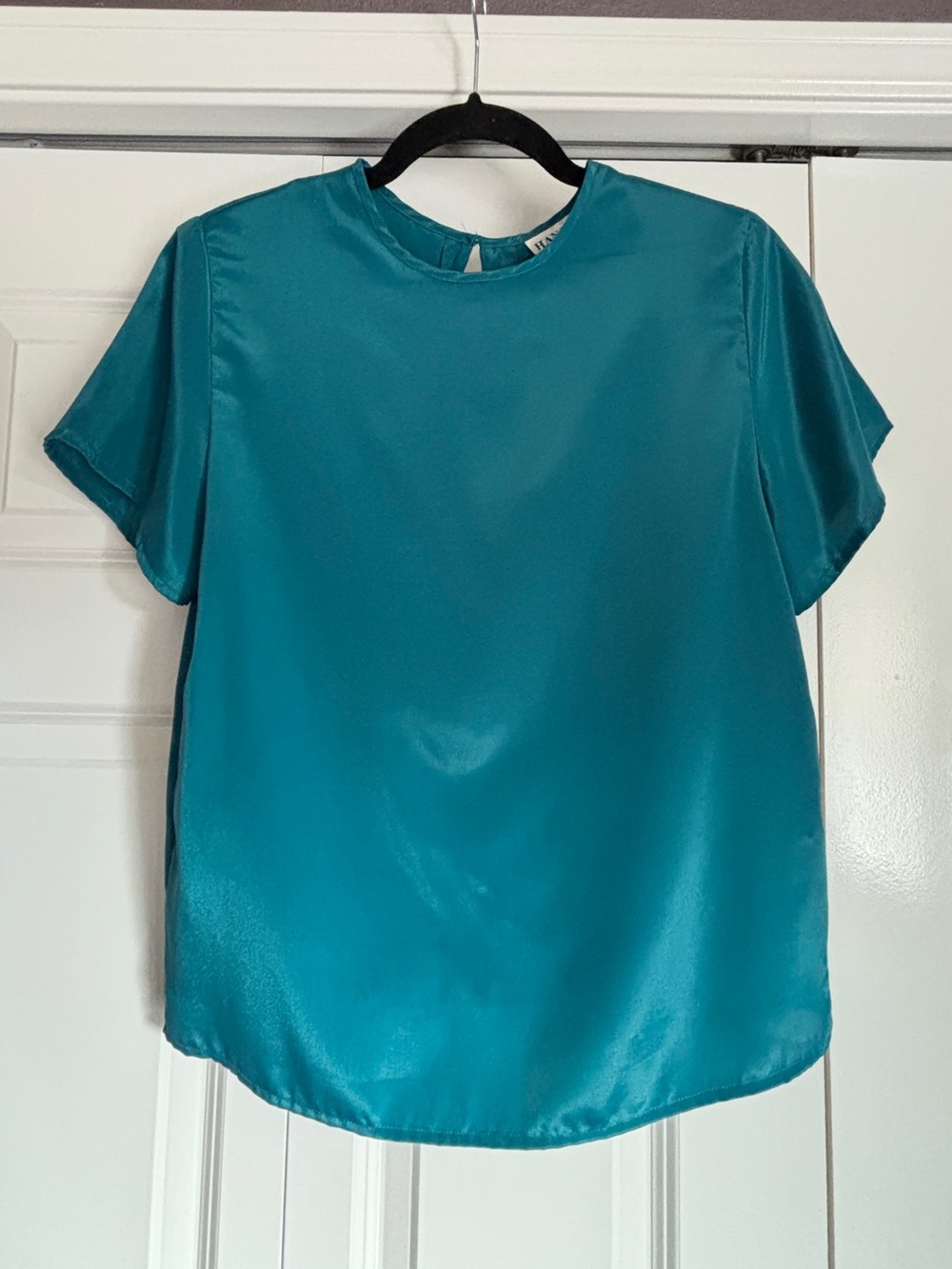 Vintage 80s Hana Sung Silky Teal Short-Sleeve Women's Top